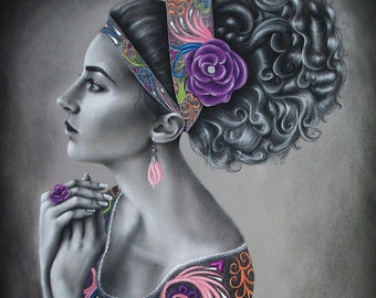 Revival - Original Framed Artwork - Charcoal and Pastels - Color Pop - realism, realistic, portrait - Hyperrealism