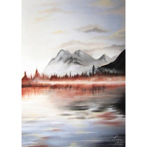 Misty Mountains - Original Art - charcoal drawing, pastel painting - mountain lake landscape, pastel colors