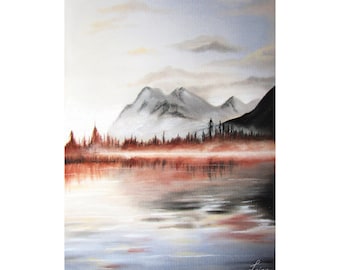 Misty Mountains - Original Art - charcoal drawing, pastel painting - mountain lake landscape, pastel colors