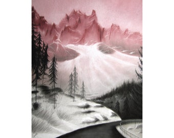 Ombre Mountains - Original Art - charcoal drawing, pastel painting - Winter scenery - Mountain Landscape