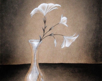 Broken Vase -  Charcoal sketch Print- Multiple sizes available - 5x7 - 8x10 - flowers, spring art, pencil drawing, wall art