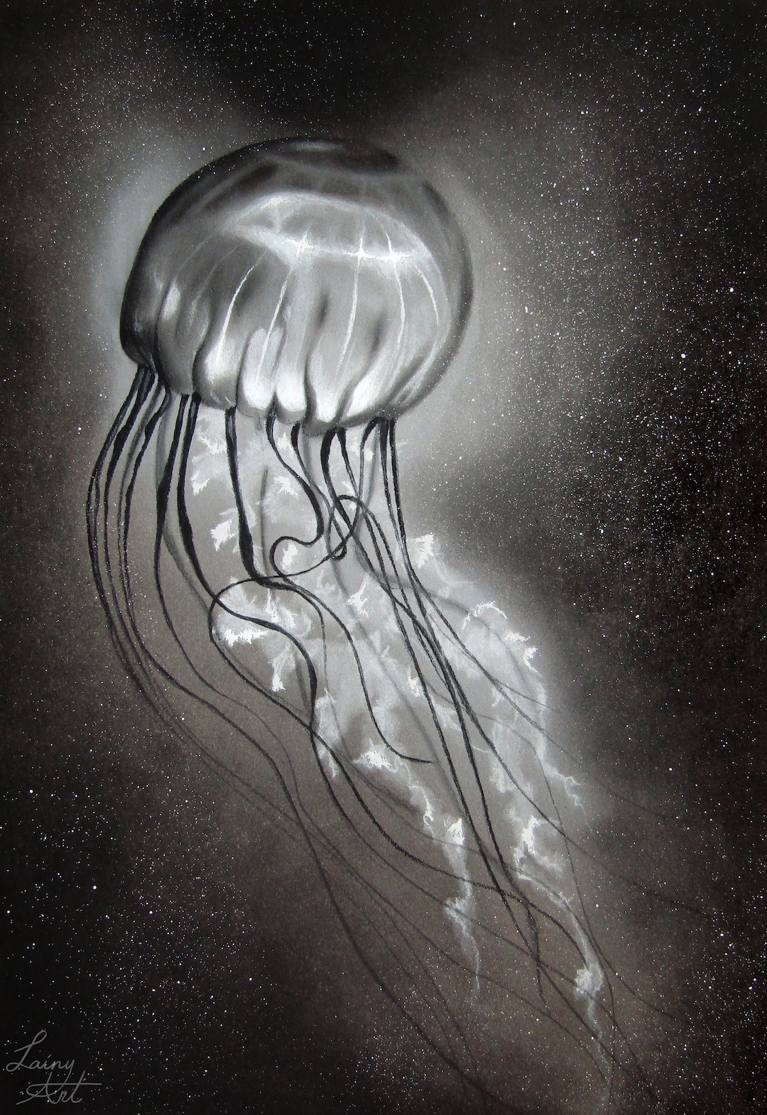 宇宙クラゲ - オリジナルアート - 木炭画 - シュールな海の