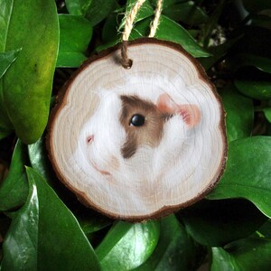 May include: A hand-painted wooden ornament featuring a close-up portrait of a guinea pig with brown and white fur. The ornament is shaped like a tree slice and has a string for hanging.