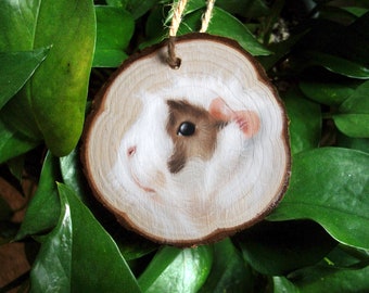 Hand Painted Pet Portrait Ornament - Wood Slice - Pastel - Custom - Hand drawn - Guinea pig art - Wooden