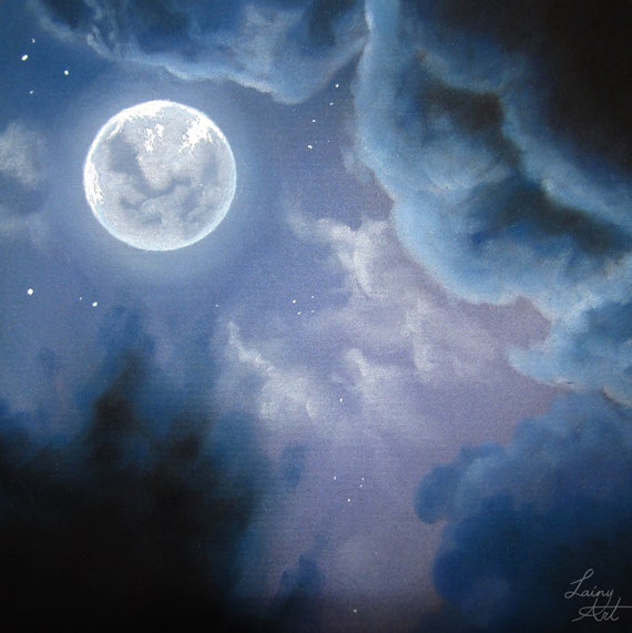 満月シリーズ - 曇りの夜 - オリジナルアート - 木炭画 - 夜空