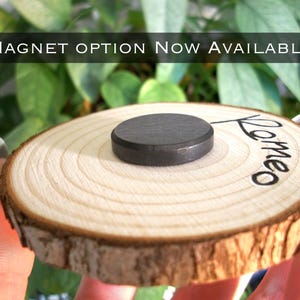 May include: A wooden round slice with the word "Romeo" written on it. A black round magnet is attached to the back of the slice.