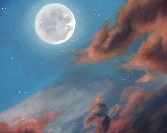 Full Moon series - Teal sunset - Original Art - Charcoal drawing - night sky, full moon skyscape, clouds