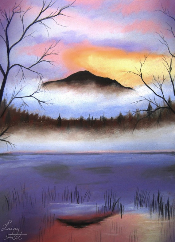 Paisaje pastel - Arte original - dibujo al carbón, pintura pastel - Paisaje  de montaña brumoso, puesta de sol en pastel