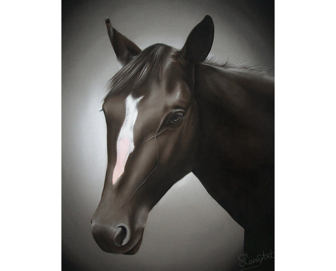 手描きのパステル画の馬の絵、馬好き、ペットの絵、あなたの写真