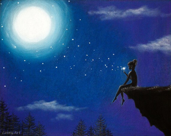 Star Breather 8x10 and 11x14 Ready to Frame Moon Stars Cobalt