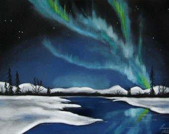 Winter Aurora Borealis - Original Art - Pastel painting - charcoal drawing - Northern lights