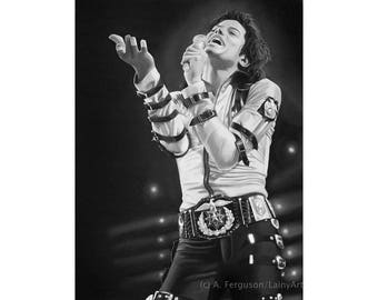 Michael Jackson Art - réaliste fusain estampe - plusieurs tailles - ère BAD, concert Live, hommage, fanart, Fine art, roi de la Pop