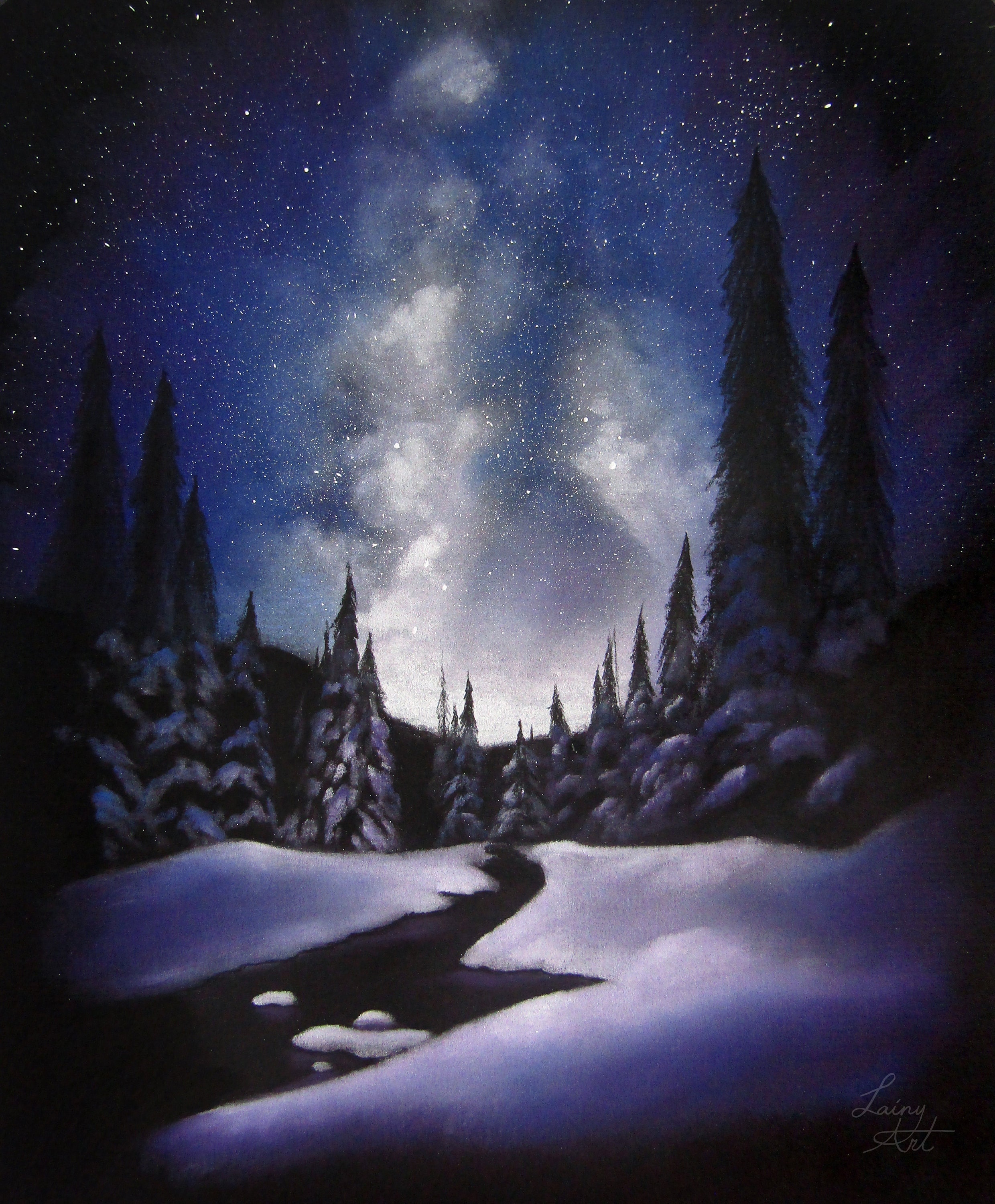 絵画 Winter  in pastel Night Nebula - Original Pastel Painting - Space Art, Winter