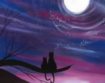 Space Cats - Original Art - Charcoal drawing - night sky, full moon skyscape, kittens, cat silhouette