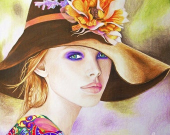 Vibrant floral portrait Woman in a hat - 24x24 Giclee ROLLED canvas print-  boho chic, spring, wall art, home decor - LAST ONE, discontinued