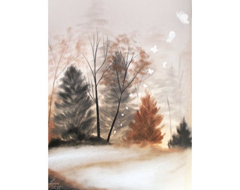 Sepia Butterfly forest - Original Art - charcoal drawing, pastel painting - tree landscape, white butterflies pastel colors