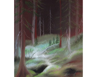 Spring Woods - Original Art - charcoal drawing, pastel painting - Green forest floor, tree landscape