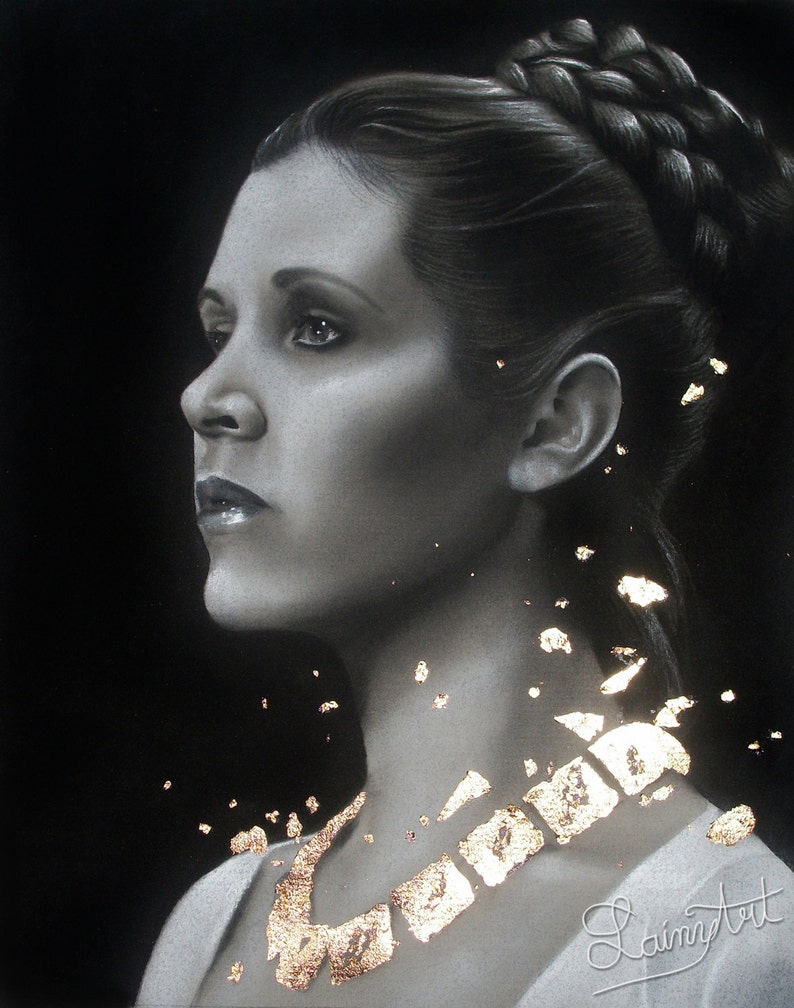 Carrie Fisher Prints Multiple sizes Princess Leia, Star Wars Original charcoal portrait with Goldleaf Print of original image 1