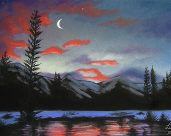 Crescent Lake - Original Art - charcoal drawing, pastel painting - Crescent moon sunset - Mountain Landscape