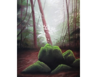 Mossy Forest - Original Art - charcoal drawing, pastel painting - Green forest floor, tree landscape, spring woods