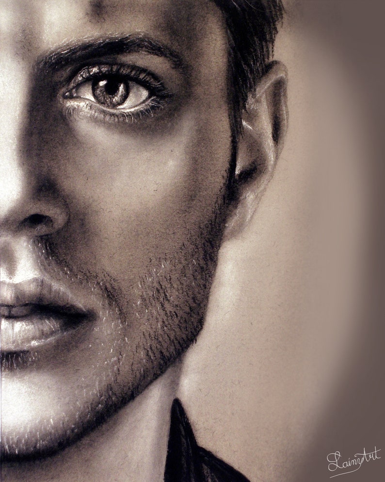 Dean Winchester Jensen Ackles Print Supernatural, Realistic charcoal drawing, celebrity portrait image 2