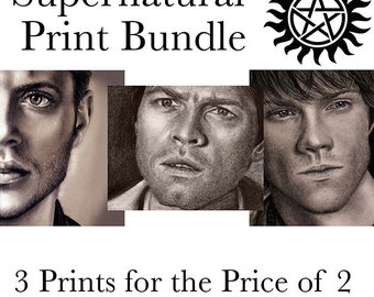 Supernatural Portrait Bundle - 3 Prints for less - Dean Winchester - Sam Winchester - Castiel - Ackles, Padalecki, Misha Collins