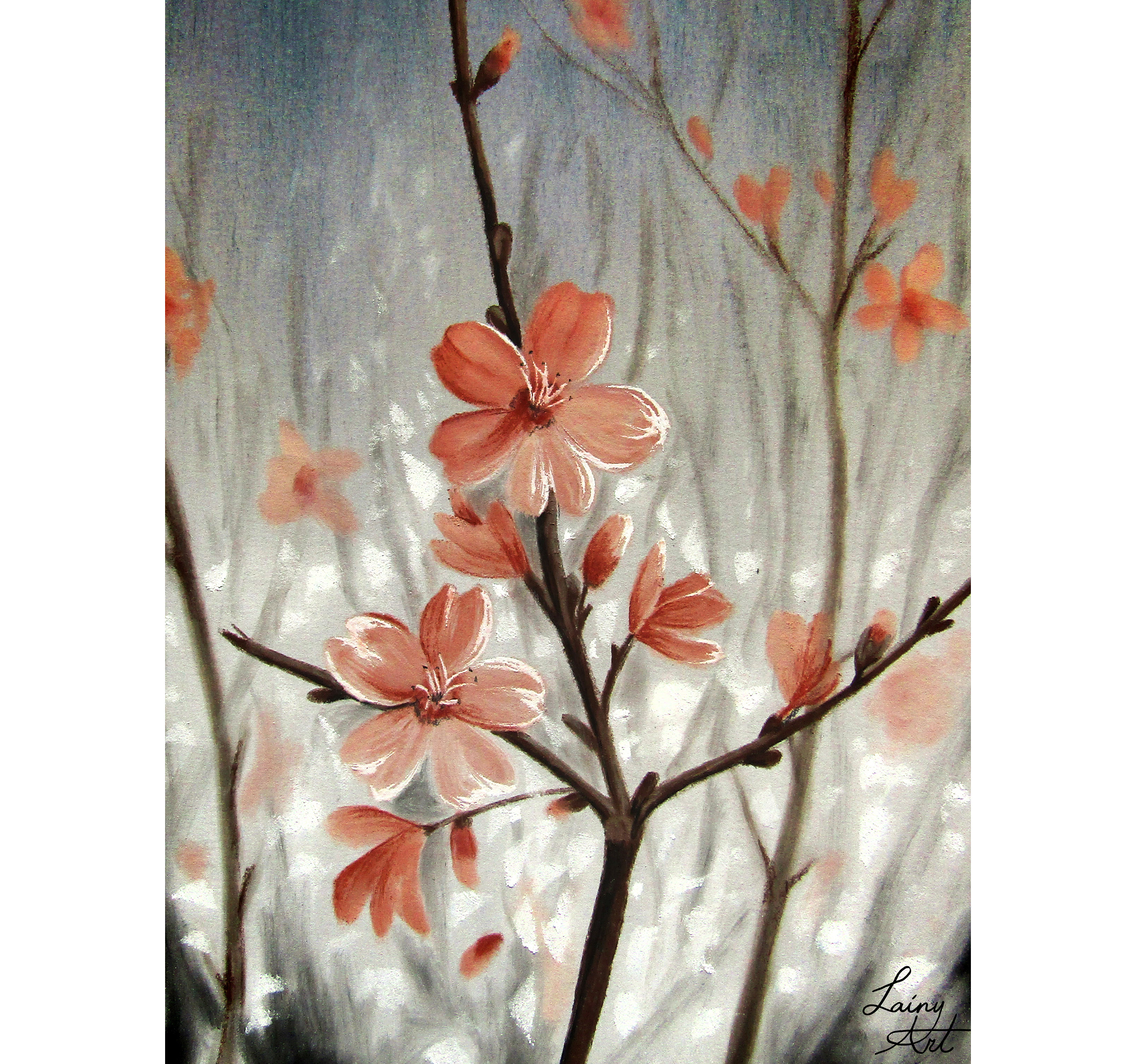 ほぼフリーハンドで桜の木を描いています。みんな違う桜の木に