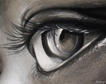 May include: A close-up black and white drawing of a human eye with long eyelashes. The eye is looking to the right.