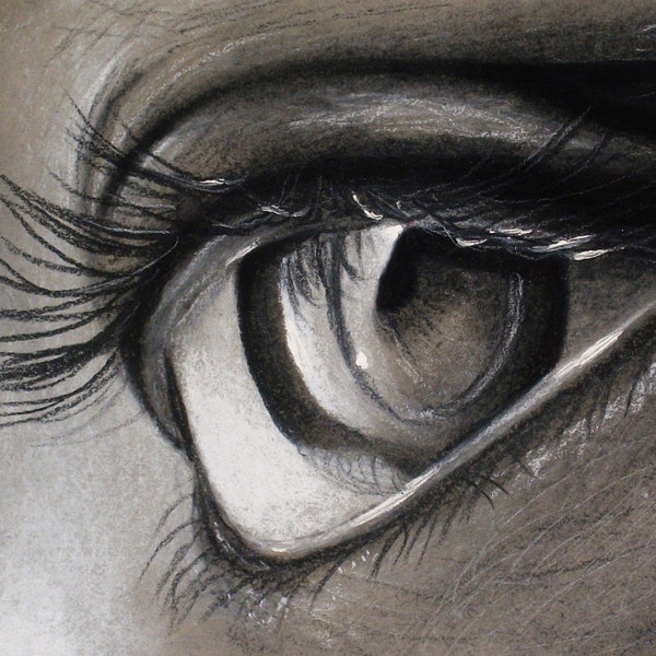 Ojo de cerca Dibujo - Impresión - Obra de arte original, macro, de cerca, blanco y negro, ojo de carbón - Día 145 Impresión