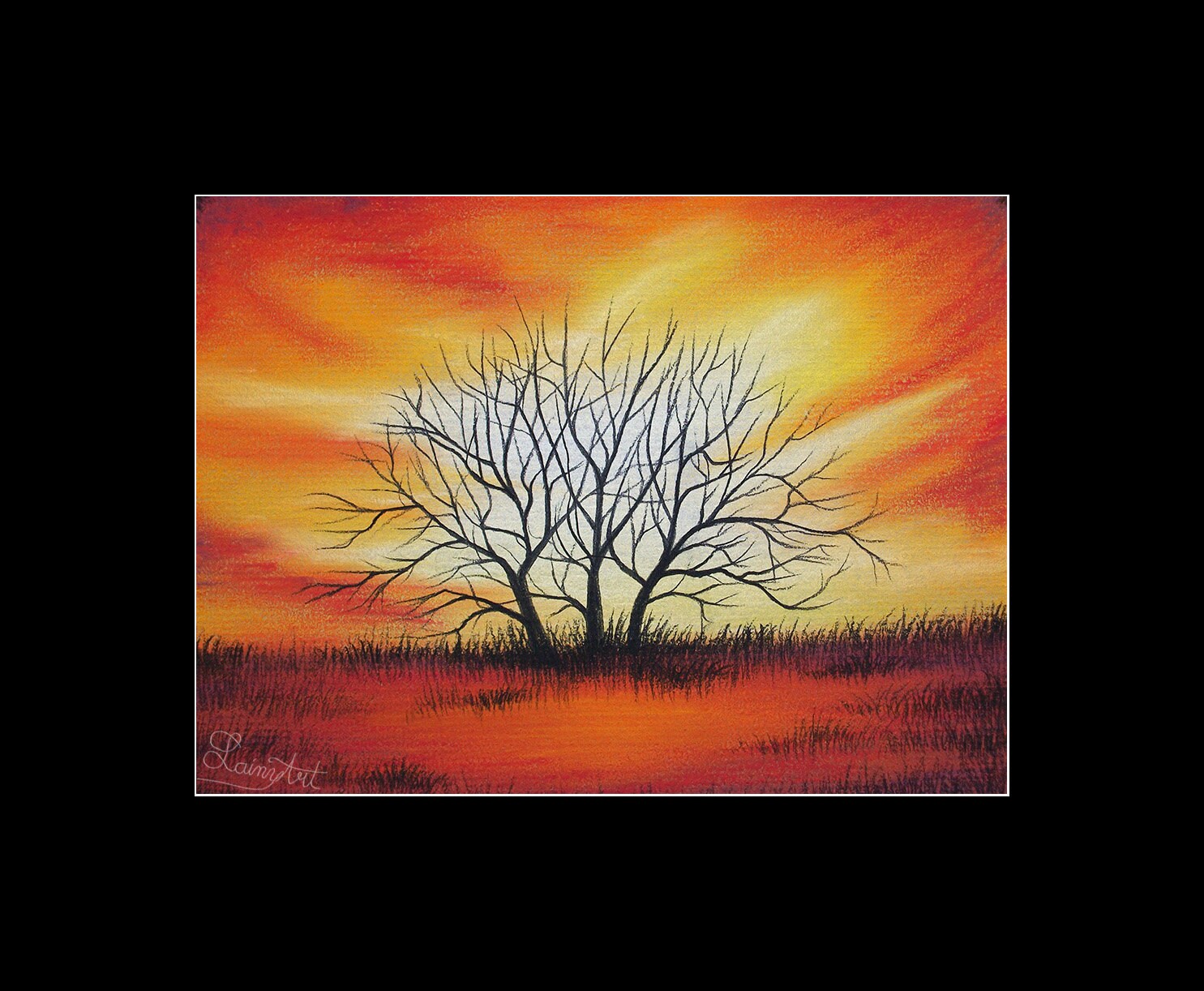 サンセット ファイア - オリジナル ソフト パステル アート - 木の風景