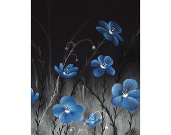 Royal blue Flowers - Original Art - Pastel and charcoal drawing - color pop floral art