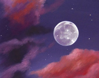 Full Moon series - Purple stars - Original Art - Charcoal drawing - night sky, full moon skyscape, sunset clouds
