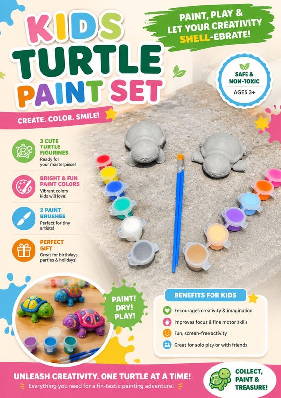 Paint Your Own Turtle Kit for Kids – Creative DIY Turtle Craft Set with Paints & Brushes