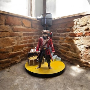 May include: A pirate figurine in a red coat and tricorn hat stands on a yellow platform. A treasure chest filled with gold coins is nearby. The pirate has a parrot on their shoulder. The figurine is on a yellow platform.