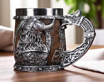 Valhalla Viking Beer Mug 400ml– Nordic Stainless Steel Tankard with Dragon, Skull & Horn Design, Medieval Warrior Barrel Stein Cup