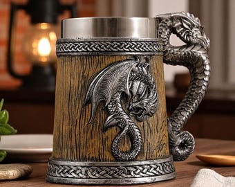 Dragon Viking Mug, Medieval Tankard for Men, 500ml Beer Stein, Coffee Tea Cup, Stainless Steel Goblet, Fantasy Barware Gift