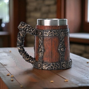 Medieval Wooden Tankard with Stainless Steel Insert, Viking Beer Mug, Rustic Barrel Stein, Halloween Gift, Christmas Present