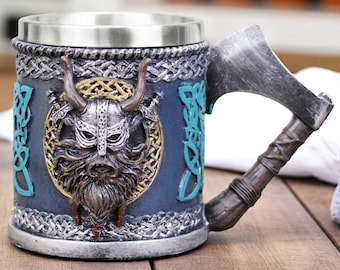 Viking mug, Medieval mug, Valhalla Viking Skull Mug, Stainless Steel, Nordic Warrior Beer Stein, Medieval Fantasy Gift for Men