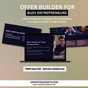Puede incluir: Un gráfico de marketing digital con el texto "Offer Builder for Busy Entrepreneurs". La imagen incluye una computadora portátil que muestra una página web y dos tarjetas con texto. La parte inferior de la imagen dice "PDF imprimible - Descarga instantánea."