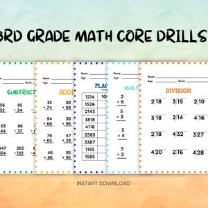 May include: Five printable worksheets for 3rd grade math core drills. The worksheets are labeled "Subtract", "Add", "Place Value", "Multiply", and "Division". Each worksheet has a variety of math problems for students to solve.