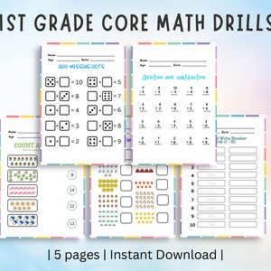 Puede incluir: Cinco hojas de trabajo imprimibles para ejercicios de matemáticas de primer grado. Las hojas de trabajo incluyen agregar puntos faltantes, problemas de suma y resta, contar objetos y escribir números del 1 al 50.