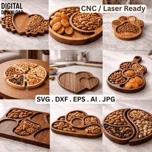 May include: A collection of nine wooden serving trays in various shapes including a heart with wings, a paw print, puzzle pieces, and a cloud, filled with assorted nuts and dried fruits, labeled as a digital download for CNC and laser cutting.