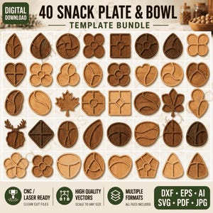 Könnte beinhalten: Ein digitales Download-Vorlagenpaket mit 40 Snackteller- und Schüsseldesigns. Die Vorlagen umfassen verschiedene Formen wie Blätter, Blumen und geometrische Formen. Das Bild enthält auch Text, der "CNC / Laser Ready" sagt.