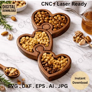 May include: Three heart-shaped wooden serving dishes filled with nuts. The dishes are arranged in a stack, each holding a different variety of nuts. The image also includes a wooden spoon, a jar of honey, and the text "CNC / Laser Ready" and "Instant Download".