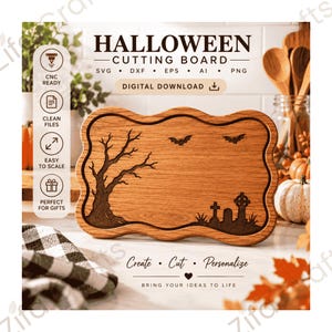 Può includere: Un tagliere in legno rettangolare con bordi ondulati caratterizzato da un'incisione laser a tema Halloween con un albero spoglio, due pipistrelli e un cimitero. Il testo recita HALLOWEEN CUTTING BOARD, SVG, DXF, EPS, AI, PNG, DIGITAL DOWNLOAD, Create Cut Personalize.