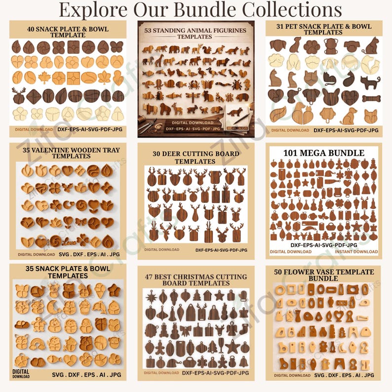 May include: A digital collection of nine template bundles for laser cutting, featuring various wooden shapes including animals, flowers, snack plates, and holiday designs. Each section displays numerous small icons with file formats like DXF, EPS, AI, SVG, PDF, and JPG listed below.