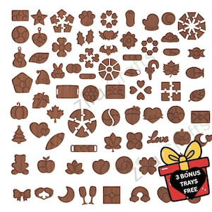May include: A collection of brown wooden segmented trays in various shapes including hearts, stars, leaves, animals, and geometric patterns. A red gift box graphic in the corner features the text 3 BONUS TRAYS FREE in white lettering.