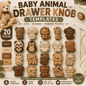 Puede incluir: Colección de 20 tiradores de cajón de madera con animales para bebés. Los diseños incluyen oso, elefante, león, jirafa, mono, panda, pingüino, búho, oveja y más. Los tiradores están cortados con láser y hechos de madera de nogal, arce, cerezo, roble y abedul.