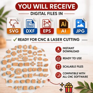 May include: A digital file collection for CNC and laser cutting, featuring various small wooden-textured shapes. The image displays file formats including SVG, DXF, EPS, AI, and JPG, with text indicating instant download, ready to use, and scalable files.