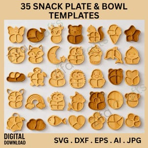Plantillas de platos y tazones para refrigerios, platos de madera SVG para niños, platos de animales, para niños pequeños, descarga digital
